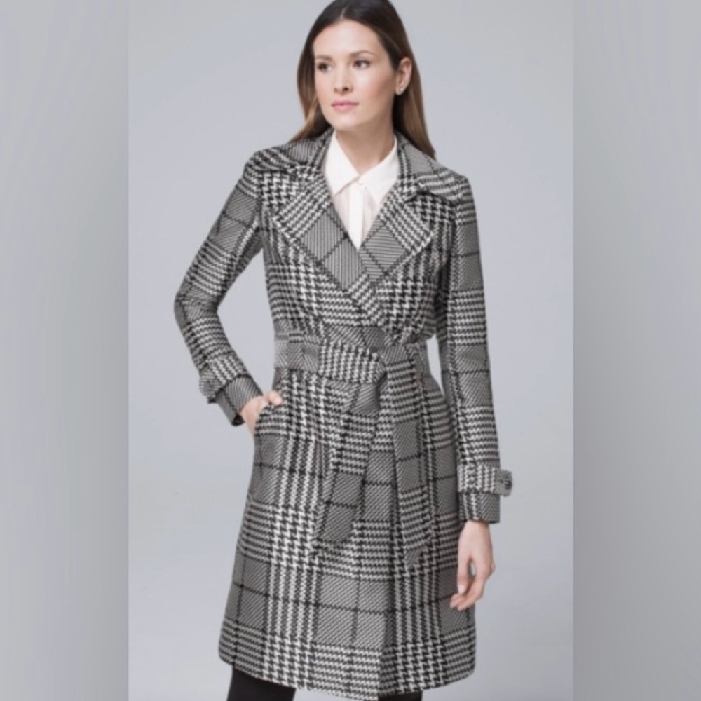 White House Black Market Black and White Houndstooth Trench Coat - Picture 3 of 3